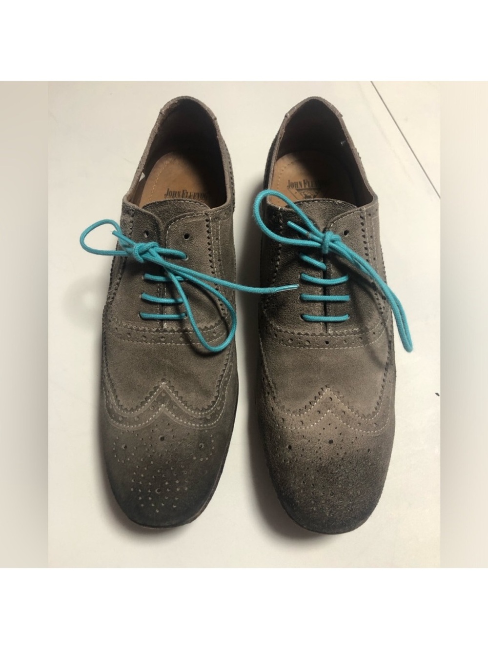 John Fluevog Gray Suede Wingtip Oxfords with Teal Laces